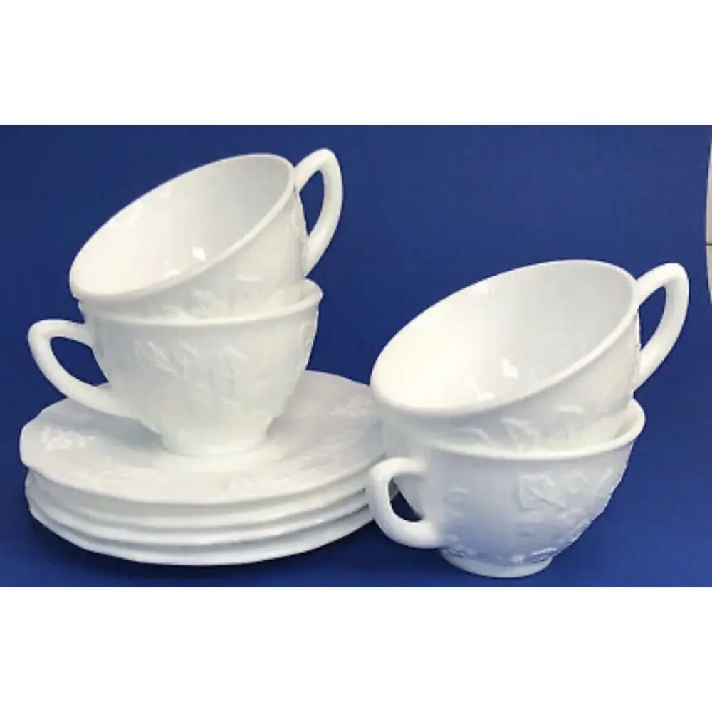 Vintage Indiana Milk Glass Cups & Saucers Colony Harvest Grapes Farmhouse Set 5
